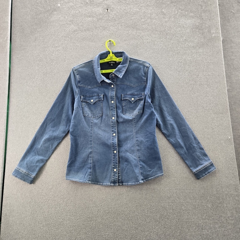 True Religion Women Button Up Shirt XL Blue Denim Western Westerncore